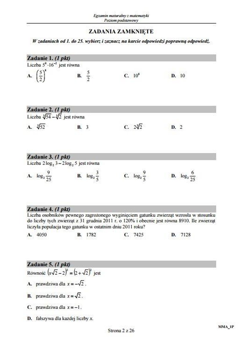 Matematyka. Arkusze, pytania, odpowiedzi