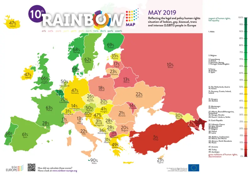 Mapa ILGA Europe 2019 - w 2020 roku Polska spadła do 16 proc. 