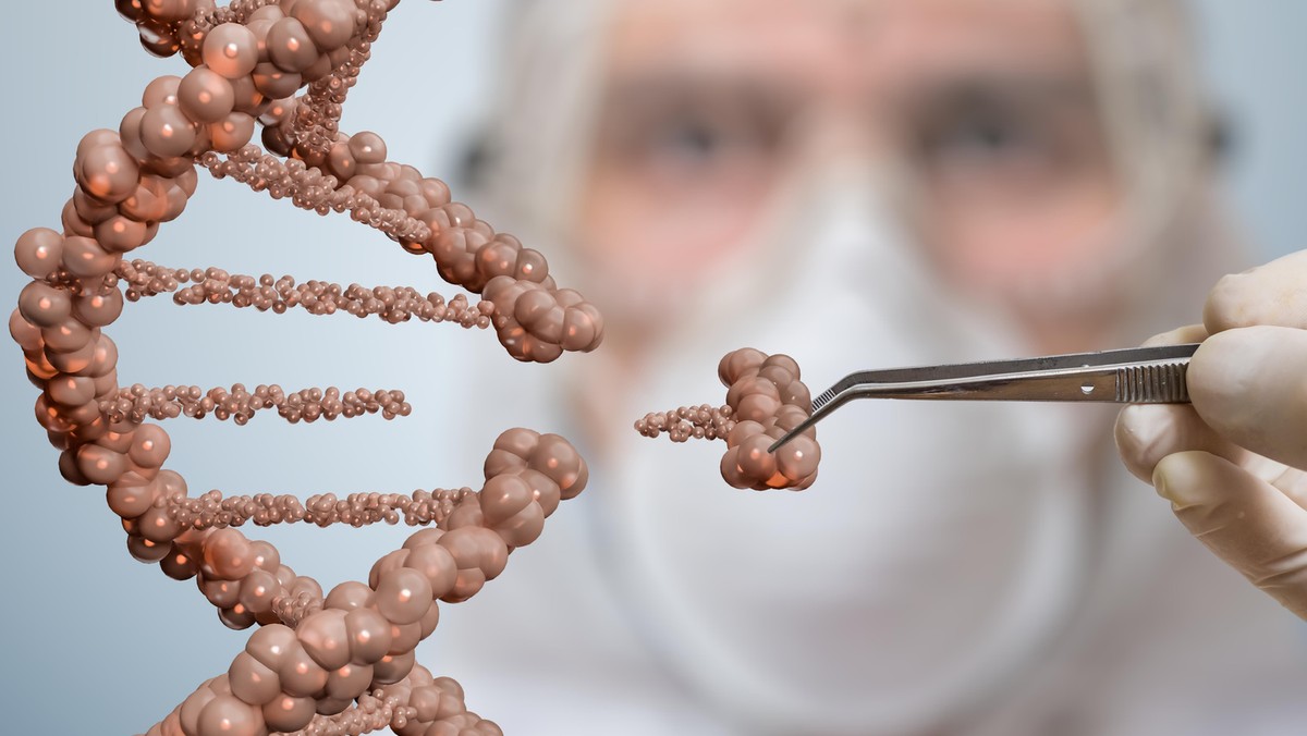 Scientist is replacing part of a DNA molecule. Genetic engineering and gene manipulation concept.