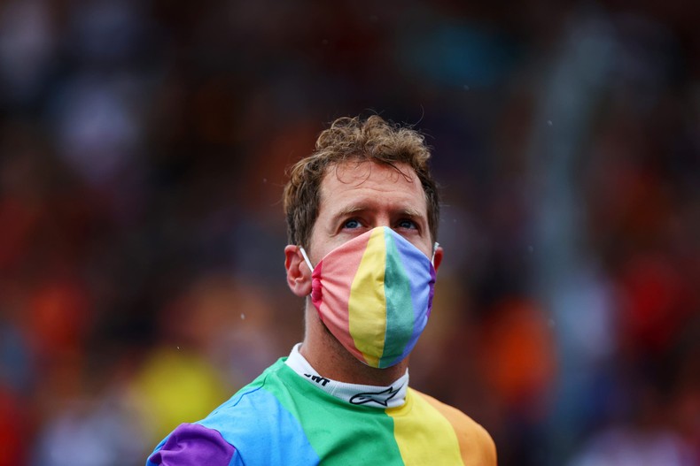 Sebastian Vettel wore a rainbow shirt and mask before a race in 2021.Dan Istitene - Formula 1/Formula 1 via Getty Images