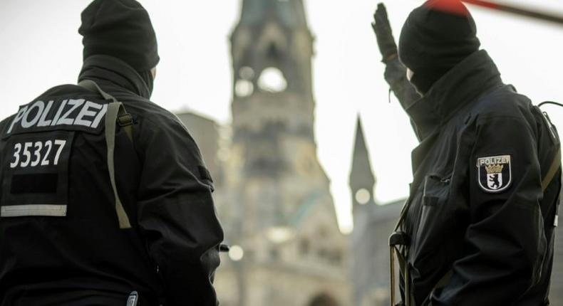 German police patrol near Berlin's Kaiser Wilhelm Memorial Church on December 21, 2016