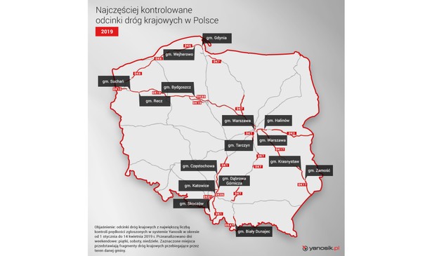 Mapa najczęściej kontrolowanych dróg - źródło: yanosik