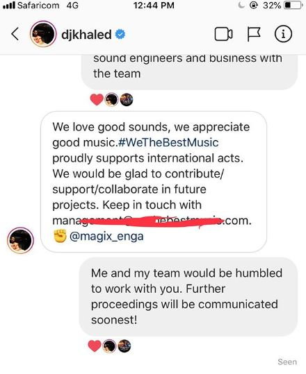 Beat King Magix Enga shares private chat with DJ Khaled (Screenshot)