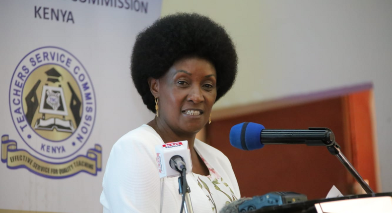 Teachers Service Commission (TSC) CEO Dr Nancy Macharia speaking during launch of live-streamed lessons at the Alliance Girls High School
