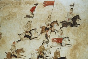 Murals picturing soldiers on horseback on the wall of the