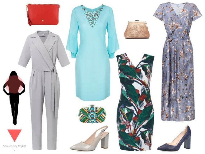 Sukienki odpowiednie dla sylwetki ODWRÓCONY TRÓJKĄT: szary kombinezon - Grandio/grandio.pl, błekitna sukienka - Modern Line/modernline.pl, zielona wzorzysta sukienka - Cotton Club/cottonclub.pl, kopertowa plisowana sukienka - Mefese/ mefese.pl, buty - Caprice/caprice.pl, torebki - Menbur/menbur.pl
