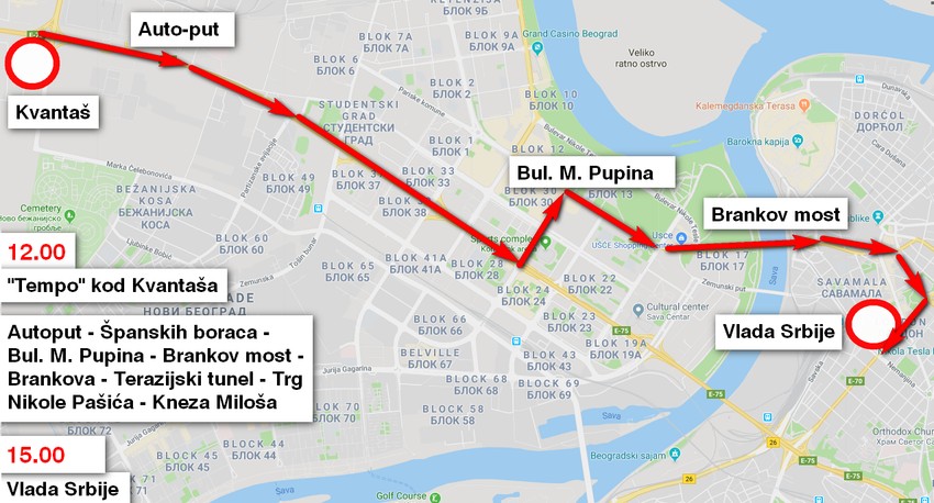 Trasa kojom će se kretati protestna vožnja