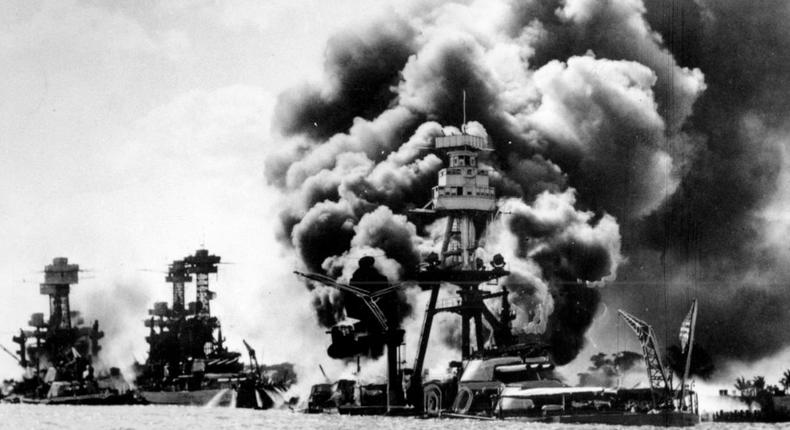 Three U.S. battleships are hit from the air during the Japanese attack on Pearl Harbor on Dec. 7, 1941.