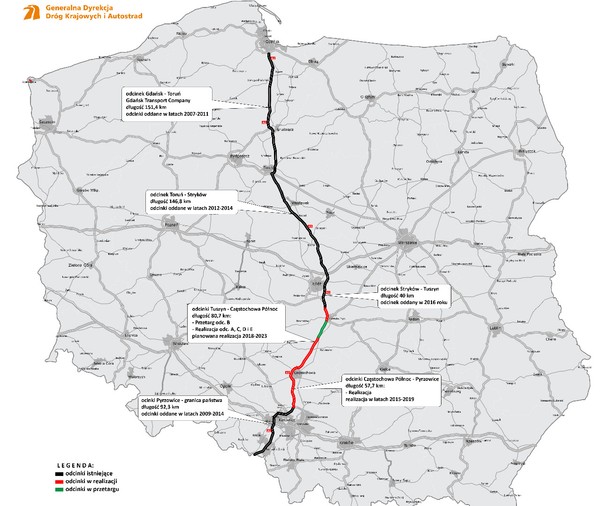 Obecnie do dyspozycji kierowców są dwa ukończone fragmenty autostrady A1. Dłuższy odcinek o długości blisko 340 km, od węzła Gdańsk Południe do węzła Tuszyn, oraz krótszy fragment trasy, od Pyrzowic do granicy z Czechami (ok. 92 km). Do spięcia całej trasy brakuje 138 kilometrów pomiędzy Tuszynem i Pyrzowicami. Brakująca część trasy została podzielona na dziewięć odcinków realizacyjnych, z czego tylko jeden czeka na podpisanie umowy, podczas gdy pozostałe są już realizowane.