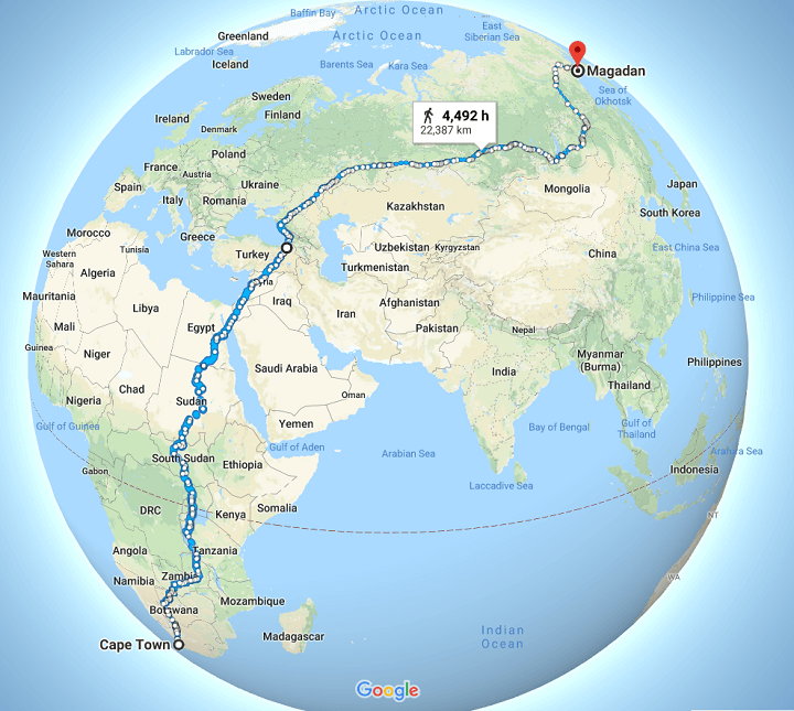 The route of the world's longest continuous walk over land