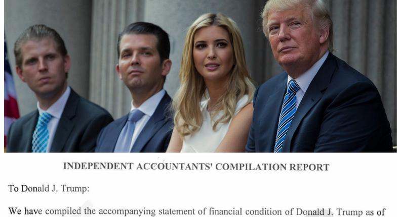 Donald Trump, right, sits with his children, from left, Eric Trump, Donald Trump Jr., and Ivanka Trump during a groundbreaking ceremony for the Trump International Hotel on July 23, 2014, in Washington. Below, an excerpt from a fraud disclaimer in one of Donald Trump's annual Statements of Financial Condition.