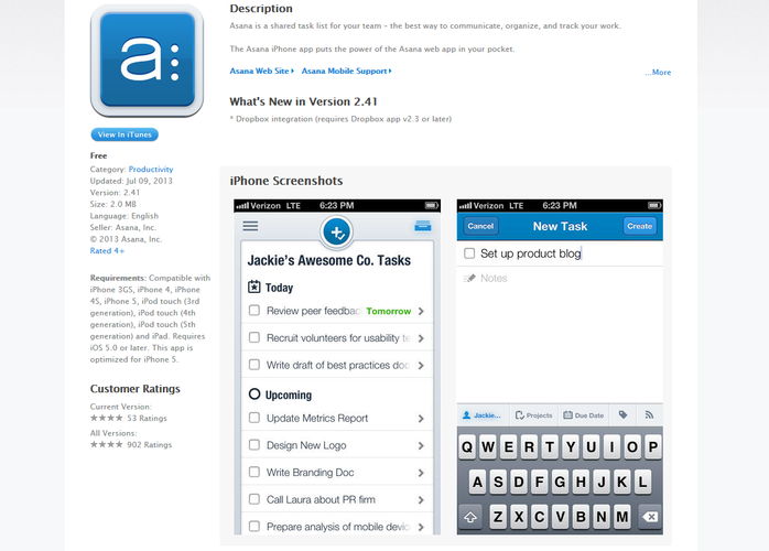 <b>Asana</b>
<br><br>
Asana to przejrzysta lista zadań, którą możemy współtworzyć wraz z naszymi współpracownikami. Do określonych zadań możemy załączyć nasze pliki z Dropboxa, a także zdjęcia. Aplikacja świetnie sprawdza się przy realizacji grupowych projektów.