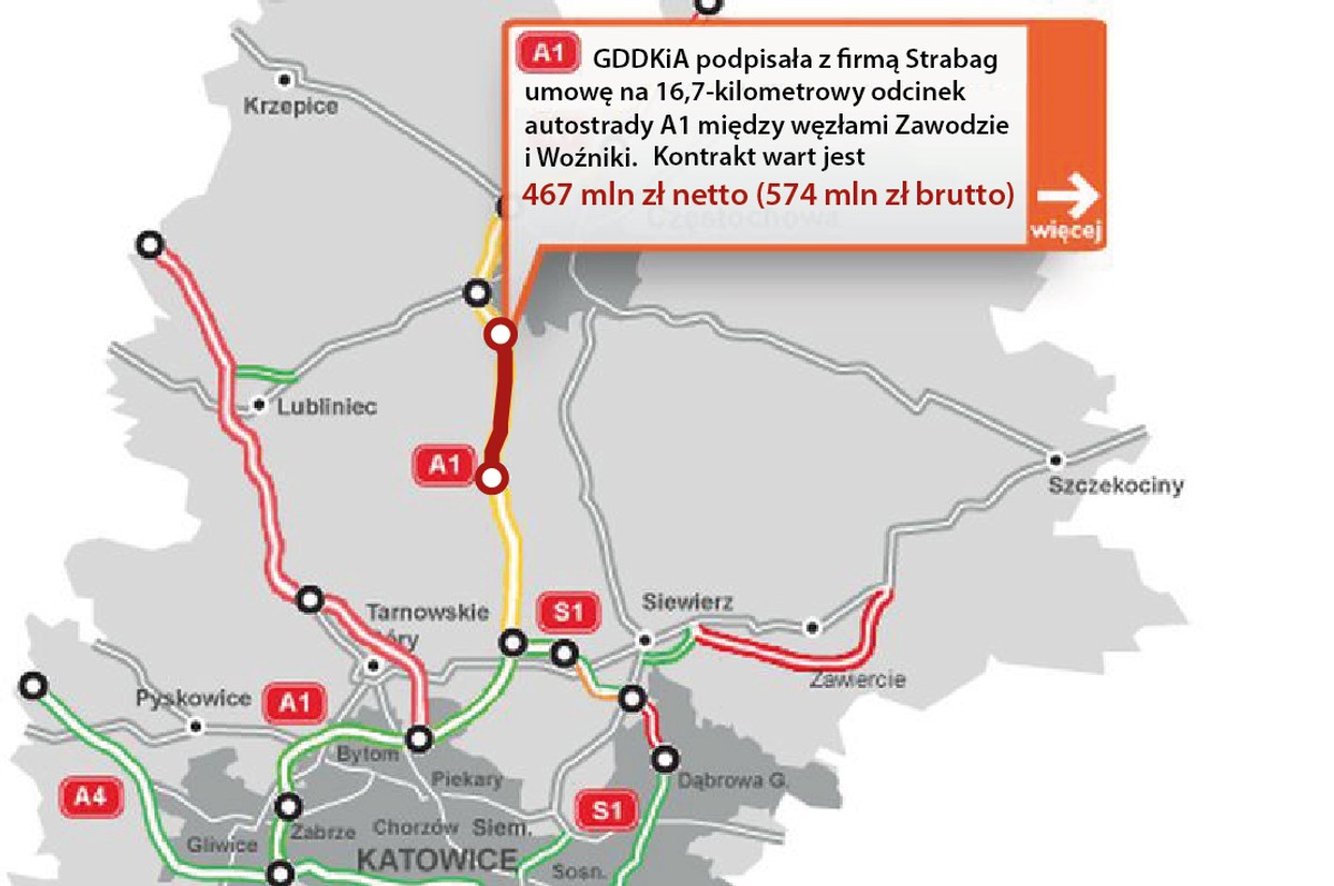 A1 - między węzłami Zawodzie i Woźniki