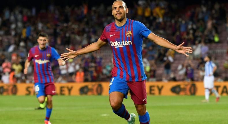 At the double: Barcelona's Danish forward Martin Braithwaite celebrates after scoring his second goal