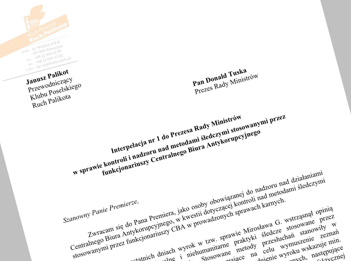Wniosek do premiera Donalda Tuska ws. metod stosowanych przez CBA