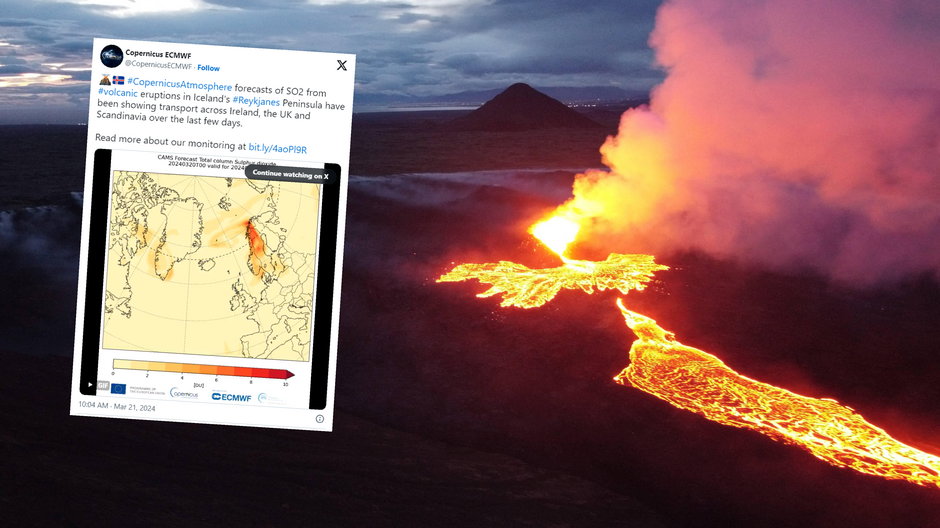Chmura siarki z wulkanu na Islandii rozprzestrzenia się po Europie (screen: twitter/Copernicus)