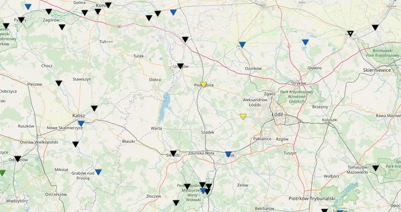 Żółtych punktów (wysoki stan wody) jest w całej Polsce tylko 7 (na 630)