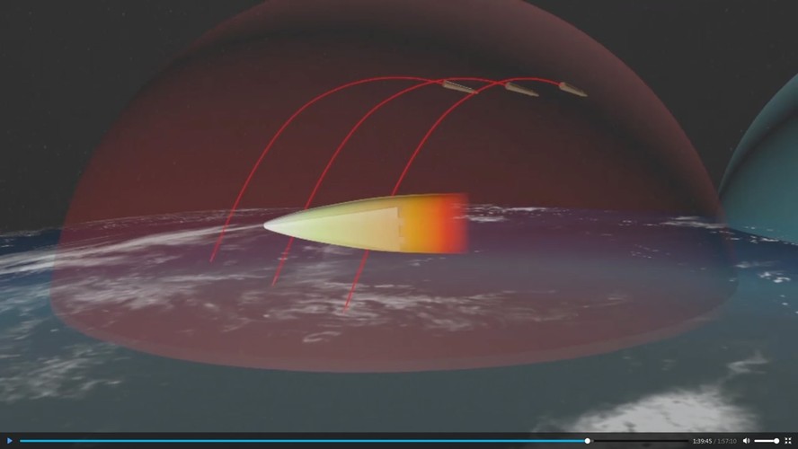 Ujęcie klatki pobrane z materiałów wideo z oficjalnej strony rosyjskiego prezydenta kremlin.ru pokazuje komputerową symulację hipersonicznych pocisków Awangard.