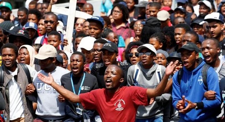 University of Cape Town (UCT) students march to the university's administration block during protests demanding free tertiary education in Cape Town, South Africa, October 5, 2016. 