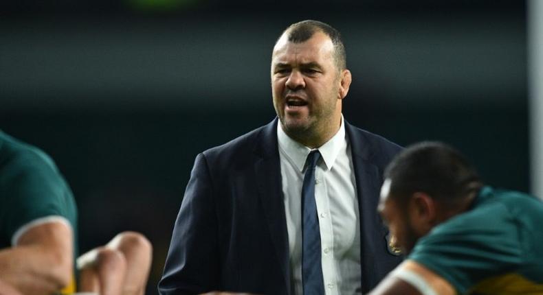 Australia's coach Michael Cheika watches his players warm up ahead of their Rugby Championship Int'l Test match against Argentina, at Twickenham stadium in London, on October 8, 2016