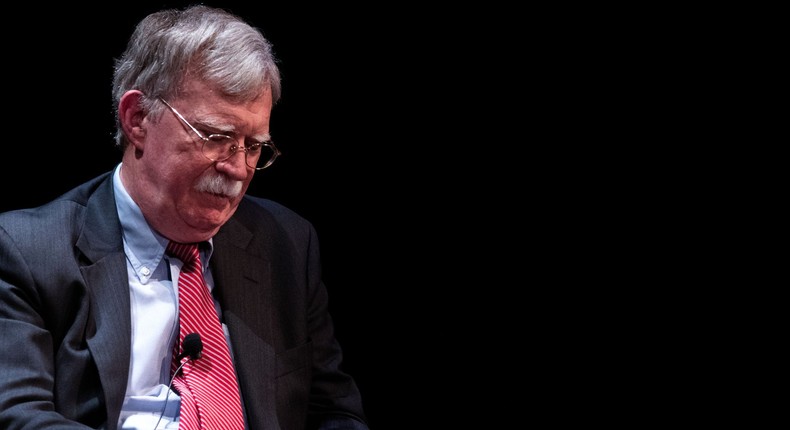 Former National Security adviser John Bolton (R) speaks on stage during a public discussion at Duke University in Durham, North Carolina on February 17, 2020.