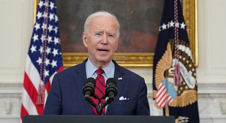 President Joe Biden speaks about the Colorado shootings in the State Dining Room of the White House in Washington, DC, on March 23, 2021.
