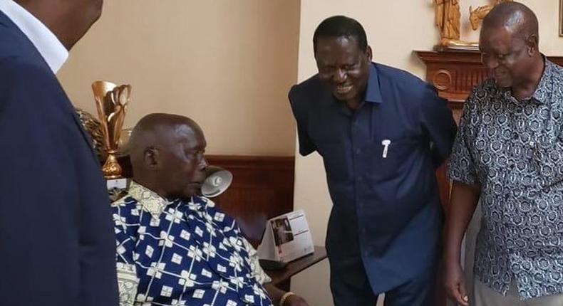 Former PM Raila Odinga when he visited Mzee Moi in Kabarak on May 5, 2019. Moi still at Nairobi Hospital, doctors recommend further stay to build strength