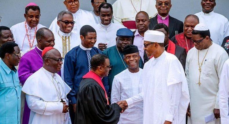 President Muhammadu Buhari and Vice-President Yemi Osinbajo after meeting with the leaders of the Christian Association of Nigeria (CAN) in Abuja [Twitter/ @RipplesNG]