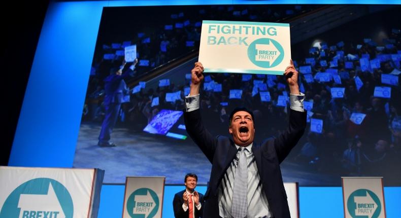 Anti-EU firebrand Nigel Farage addresses the first public rally of his new Brexit Party