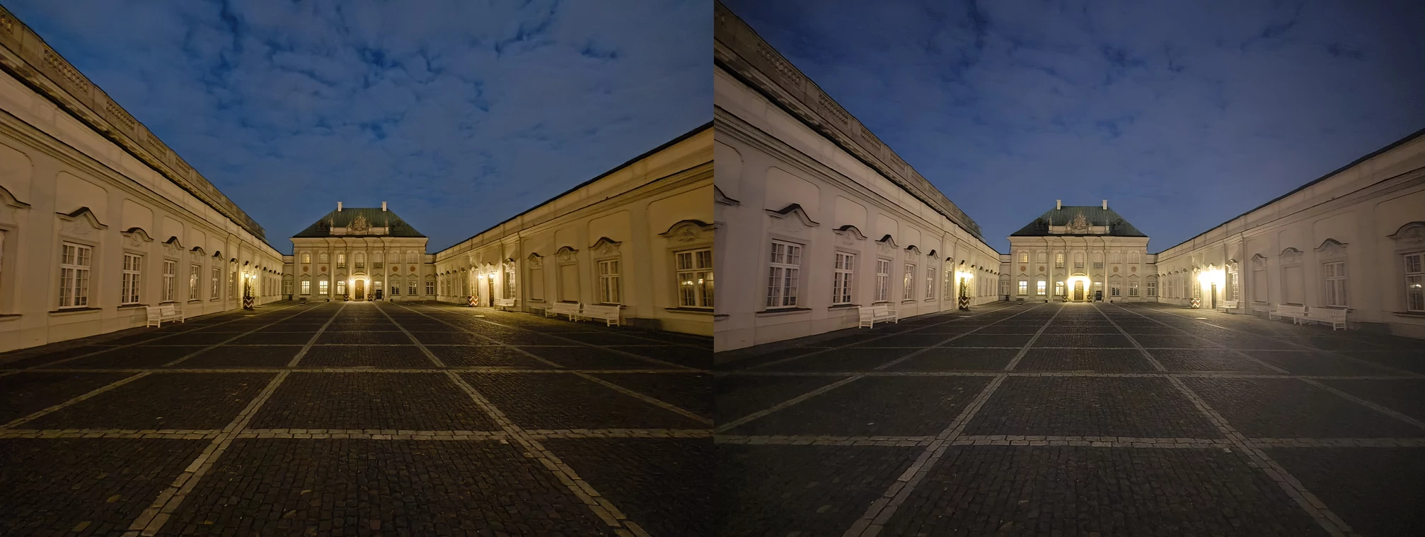 Nocne zdjęcia szerokokątne — po lewej Nothing Phone (2a), po prawej Nothing Phone (1). Kliknij, aby powiększyć)