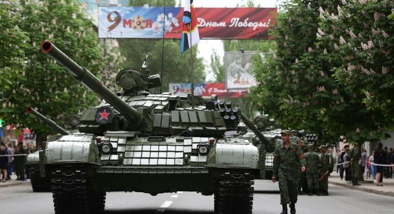 Militants of the self-proclaimed Donetsk People's Republic paraded tanks during Victory Day on May 9