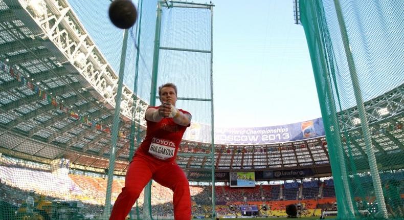 Russia's Anna Bulgakova competes during the women's hammer throw final at the 2013 IAAF World Championships in Moscow on August 16, 2013