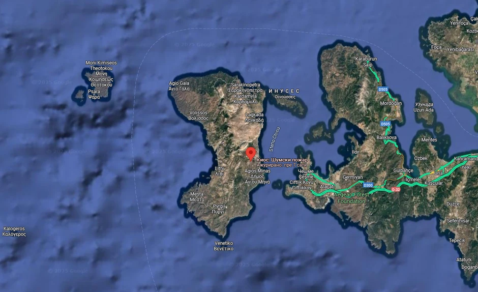 Mapa - požar na ostrvu Hios