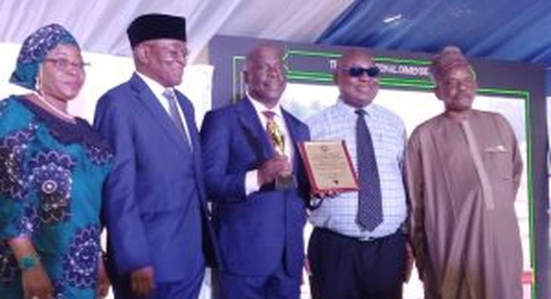 From left: Mrs Rose Ndung, Executive Commission, NUPRC Exploration and Acreages; Malam Isa Modibbo, NUPRC Board Chairman; Gbenga Komolafe, Chief Executive, NUPRC;Prof. Akpofure, Vice-Chancellor, FUPRE and Malam Sabo Lamido, Executive Commission, NUPRC Finance and Account at the award ceremony in FUPRE.