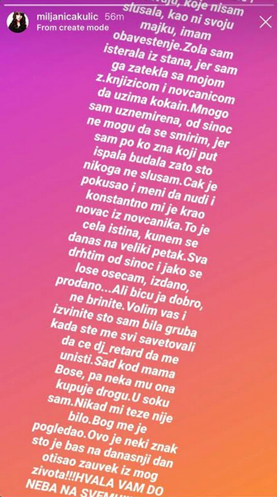 Miljana Kulić, poruka na Instagramu