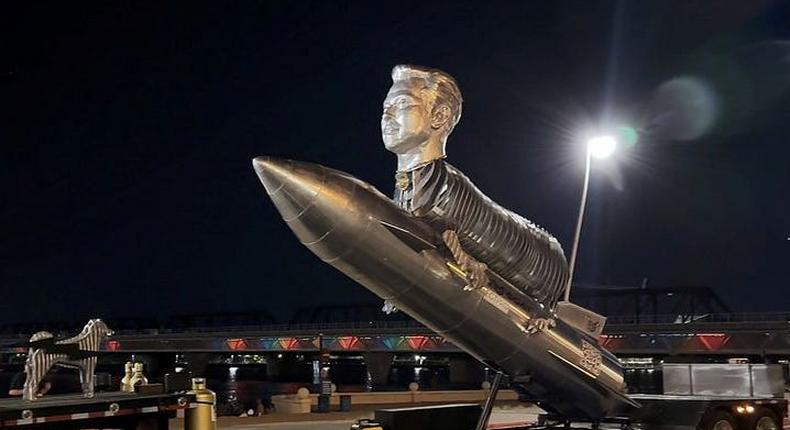 A statue of Elon Musk's head on the body of a goat straddling a rocket.$EGT/Insider