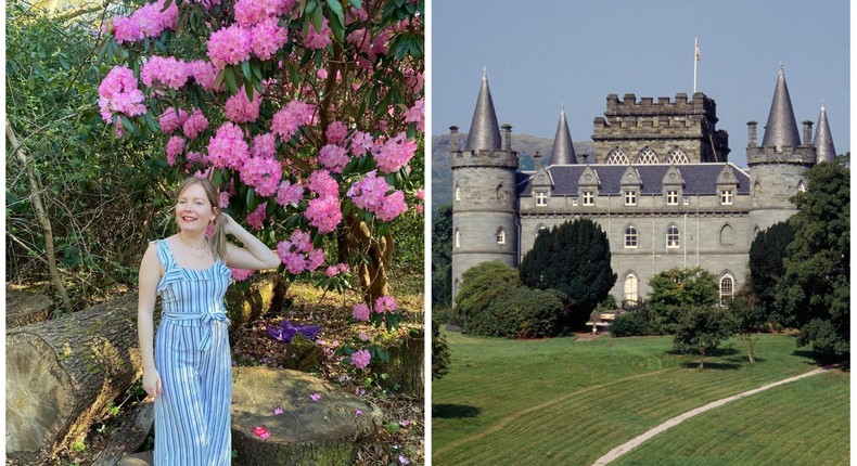 Mikhaila Friel photographed in Pollok Country Park, left, and Inveraray Castle, right.Mikhaila Friel/Insider, De Agostini/Getty Images