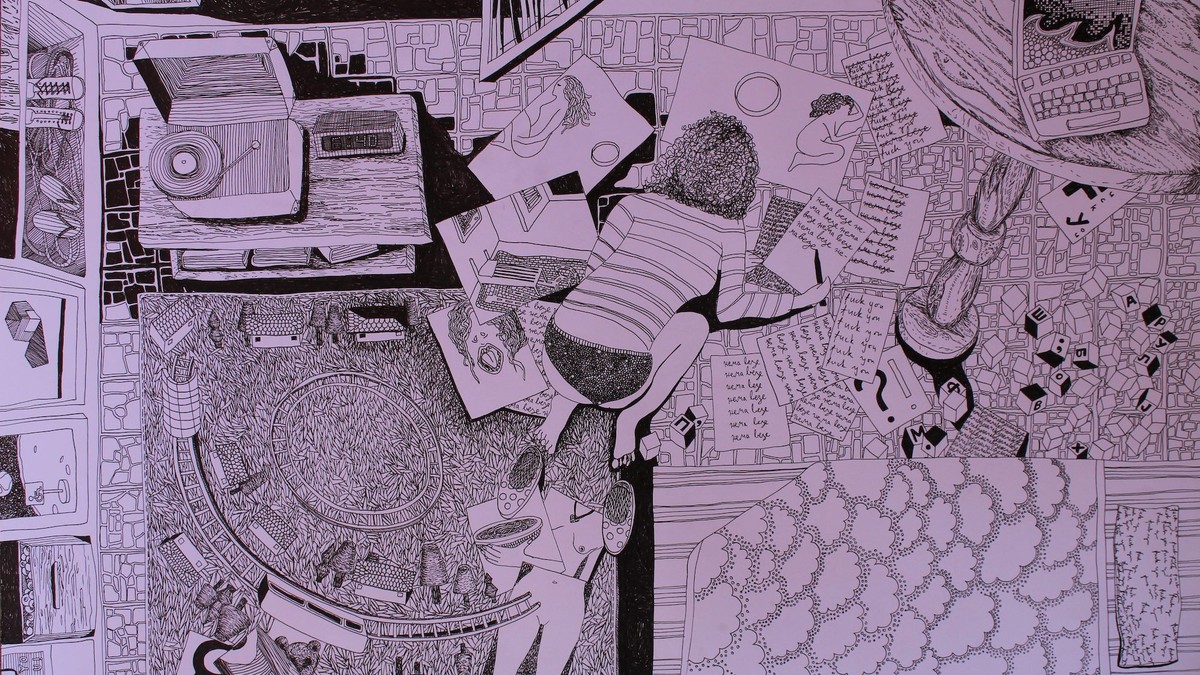 Pitanje nadahnuća - nema veze, imaš posao, fajnlajner na papiru, 50x70 cm, 2024