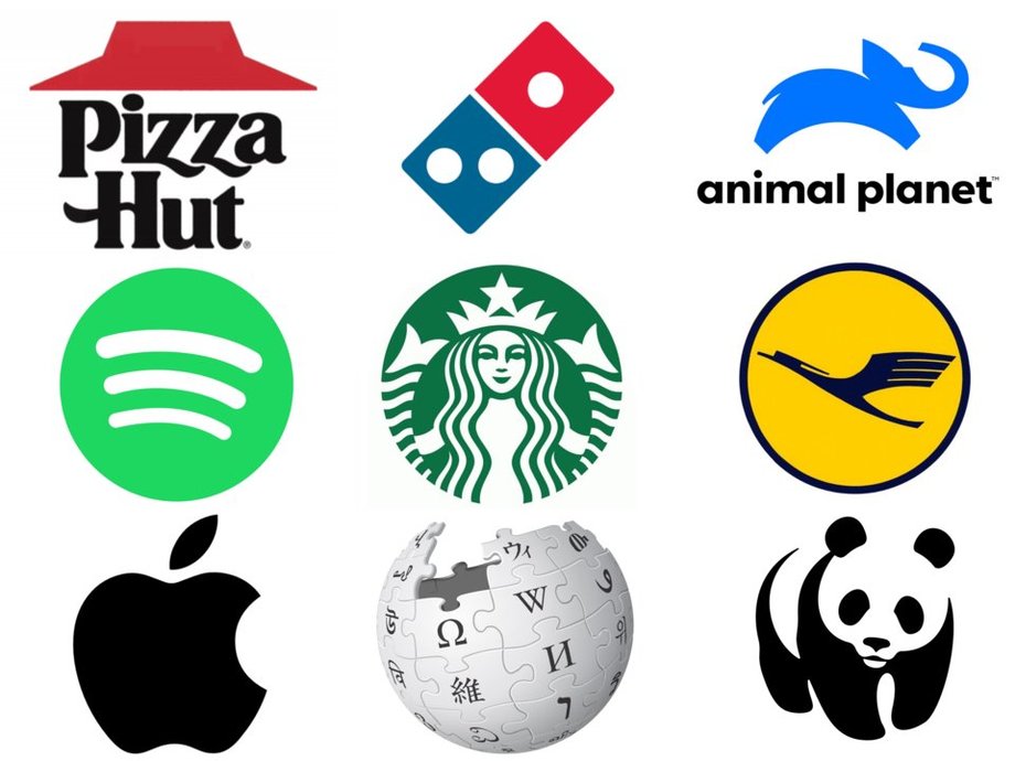 Opisowe logo według badań przynoszą markom korzyści. Od lewej, od góry: Pizza Hut, Domino's Pizza, Animal Planet, Spotify, Starbucks, Lufthansa, Apple, Wikipeda, WWF