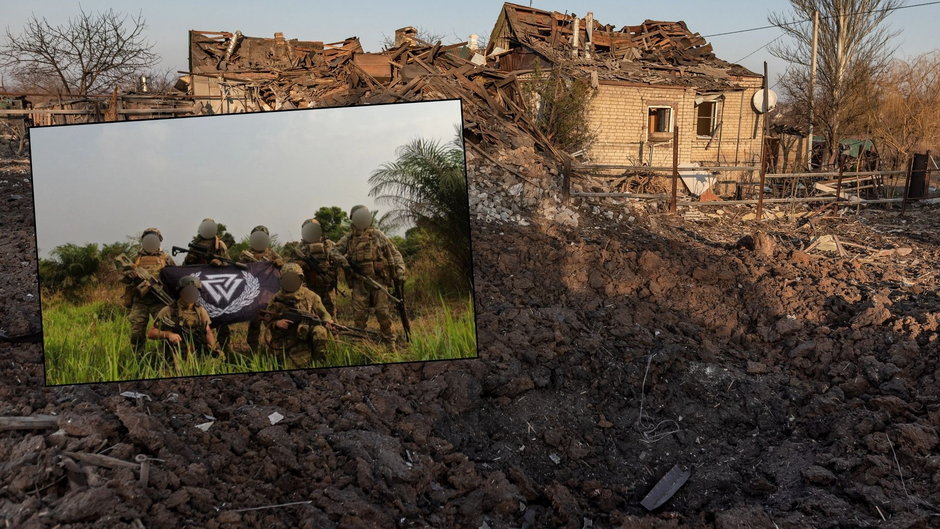 Krater i domy zniszczone po rosyjskich bombardowaniach w Ukrainie, 7 marca 2024 r., po lewej stronie zdjęcie przedstawiające grupę Rusicz (źródło: Telegram)