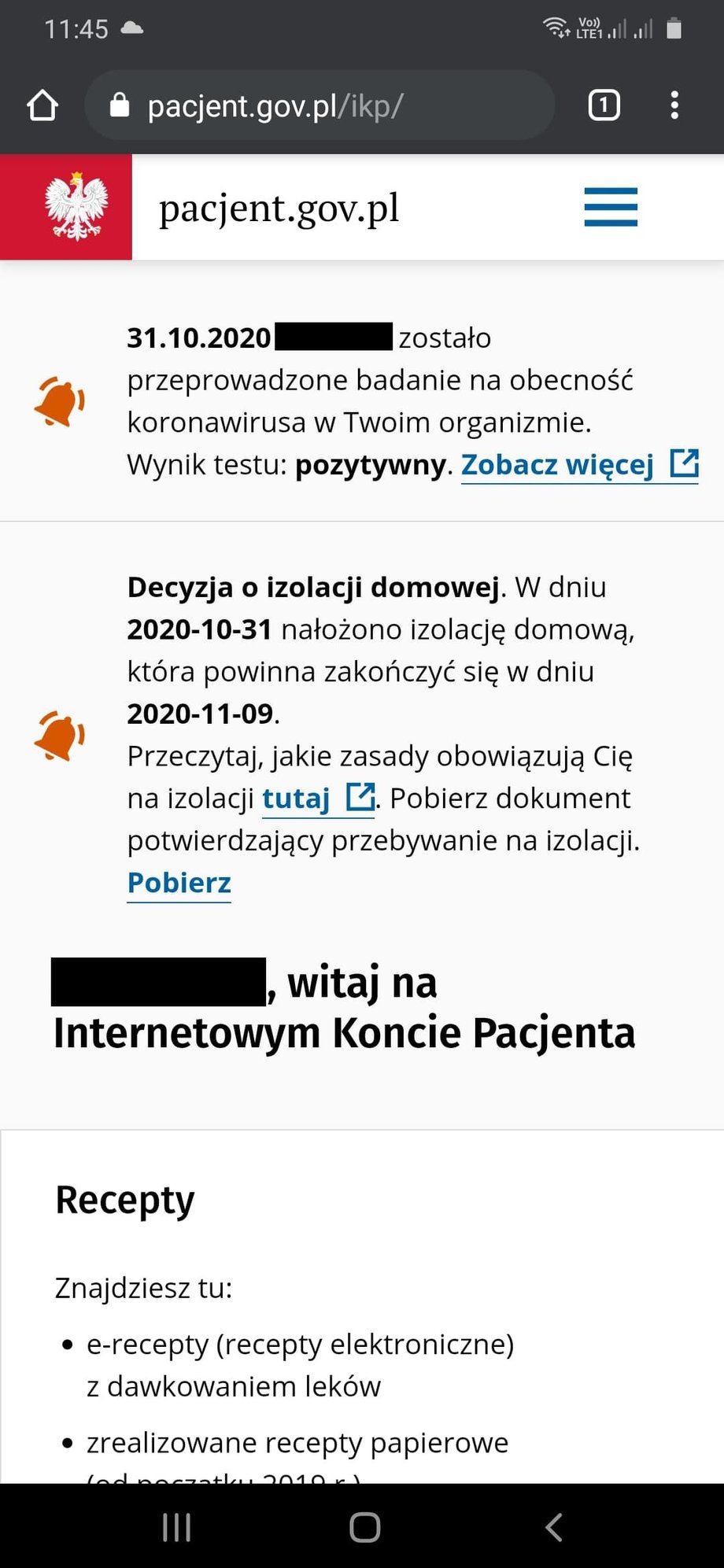 Informacja o pozytywnym wyniku i objęciu izolacją