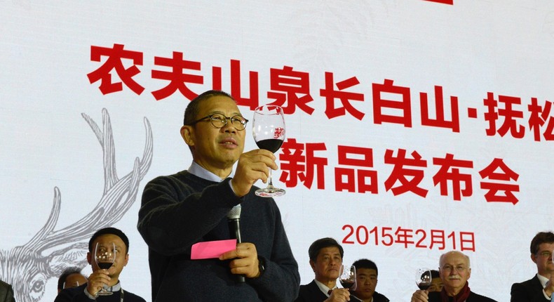 Zhong Shanshan, the chairman of Nongfu Spring Company, attends the Nongfu Spring new product launch conference on February 1, 2015 in Baishan, Jilin Province of China.
