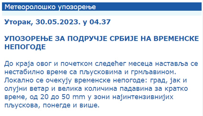 RHMZ izdao novo upozorenje