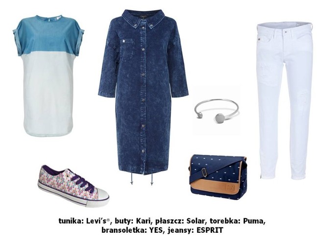 Płaszcz Solar: 369 zł Tunika Levi’s®: wzór Spodnie ESPRIT: 259 zł Buty Kari: 59 zł Bransoletka YES: 499 zł Torba Puma: 180 złDżinsowy zawrót głowy. STYLIZACJE na wiosnę 2015