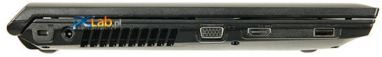 Lewa strona: złącze zasilacza, VGA, HDMI, USB 2.0