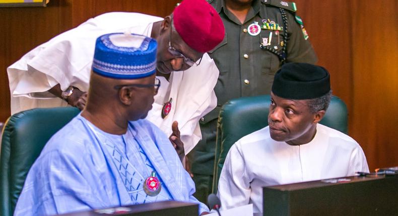 Secretary to the Government of the Federation, Boss Mustapha (left); President Muhammadu Buhari's Chief of Staff, Abba Kyari (middle); and Vice President, Yemi Osinbajo (right) at the Federal Executive Council (FEC) meeting at the Presidential Villa on Wednesday, December 13, 2017 (Presidency) 