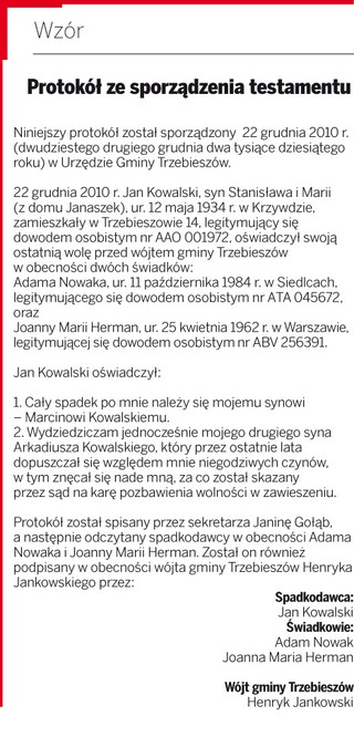 Wójt ponosi odpowiedzialność za prawidłowość sporządzonego przed nim testamentu