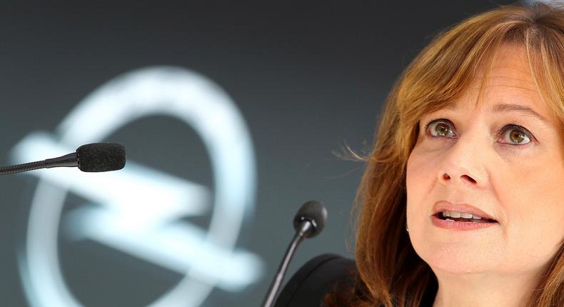 GM CEO Mary Barra, with the Opel logo in the background.