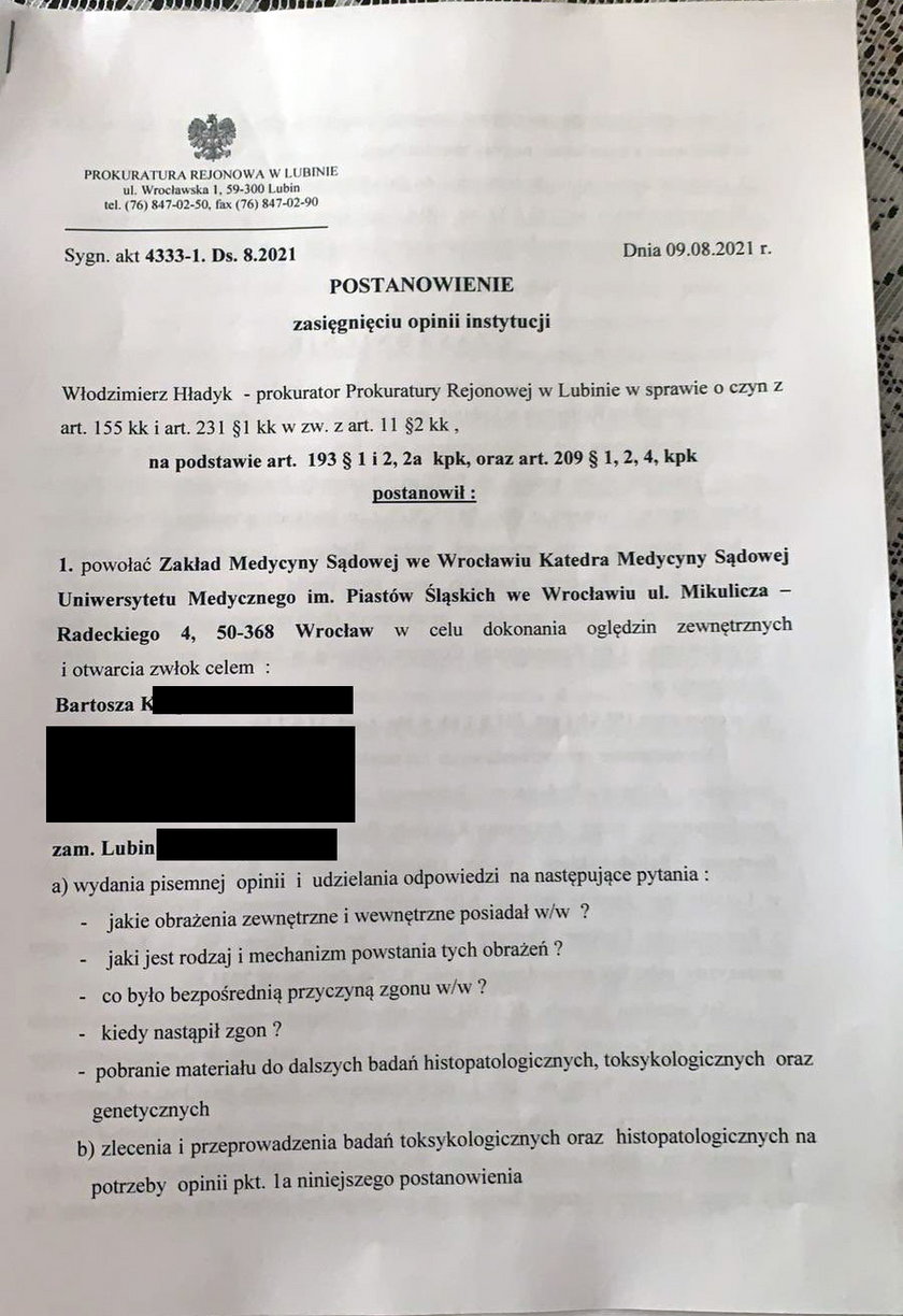 Dokument Prokuratury Rejonowej w Lubinie