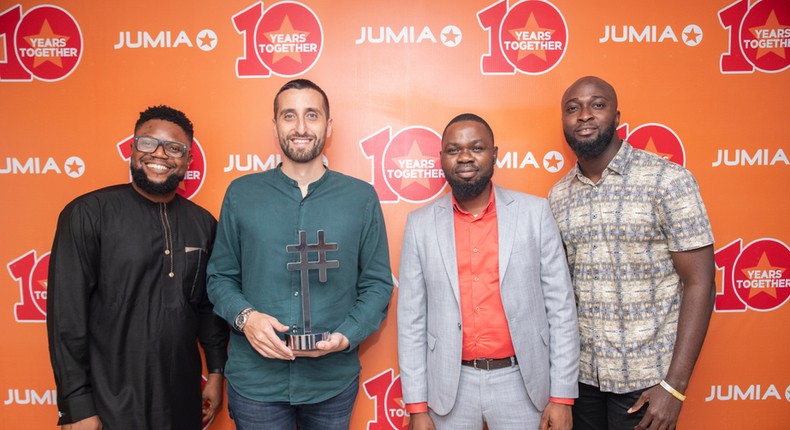 The Gage Awards 2022- L-R: Godwin Sunny Adoro, Head of Digital, The Gage Awards; Massimiliano Spalazzi, Chief Executive Officer, Jumia Nigeria; Bamikole Akinwumi, Chief Operating Officer, The Gage Awards; Uzodimma Arthur, Digital Marketing Executive, The Gage awards during the official award presentation to Jumia today as the E-commerce Website of the Year.